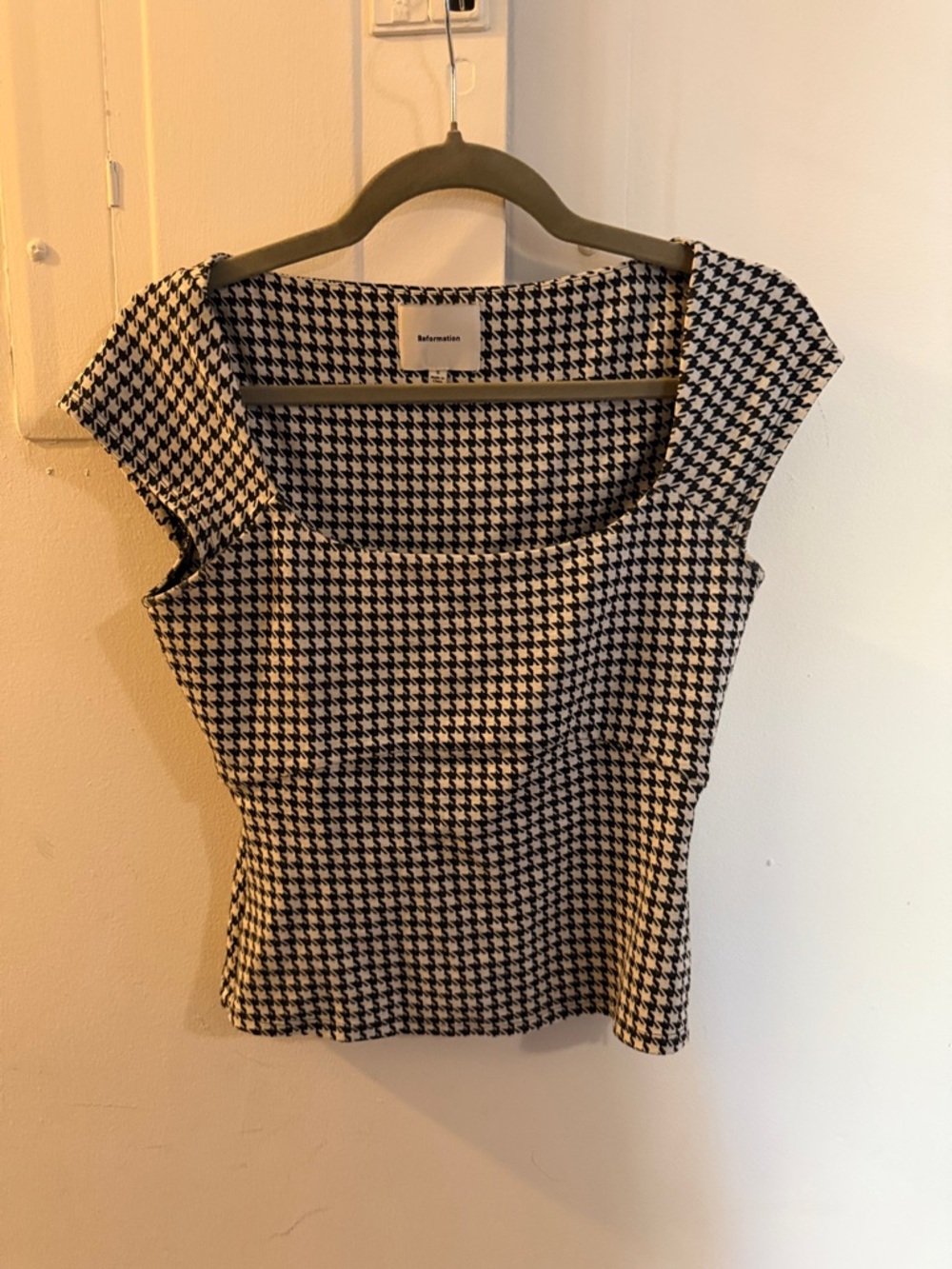 Reformation Black & White Houndstooth Square-Neck Crop Top